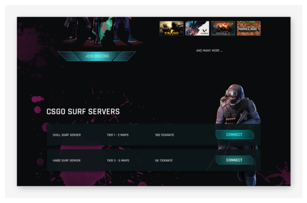Spray N' Pray site - CS:GO surf server list with connect buttons and game thumbnails