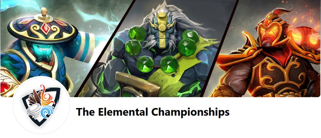 The Elemental Championships banner - Storm Spirit, Earth Spirit, and Ember Spirit with the TEC elemental shield logo and wordmark.