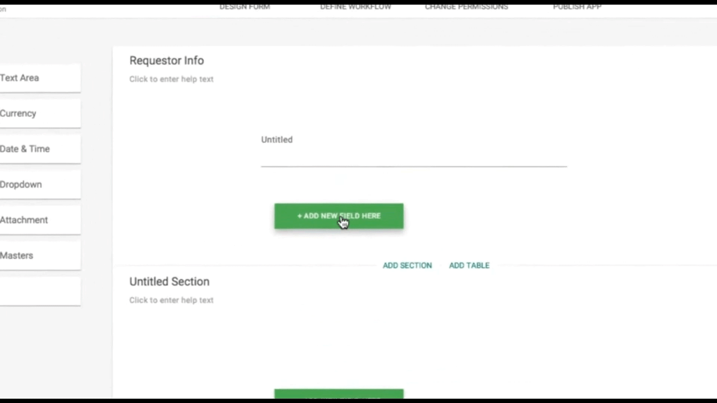 Animated demo of adding a new field using the green Add new field control in the form builder