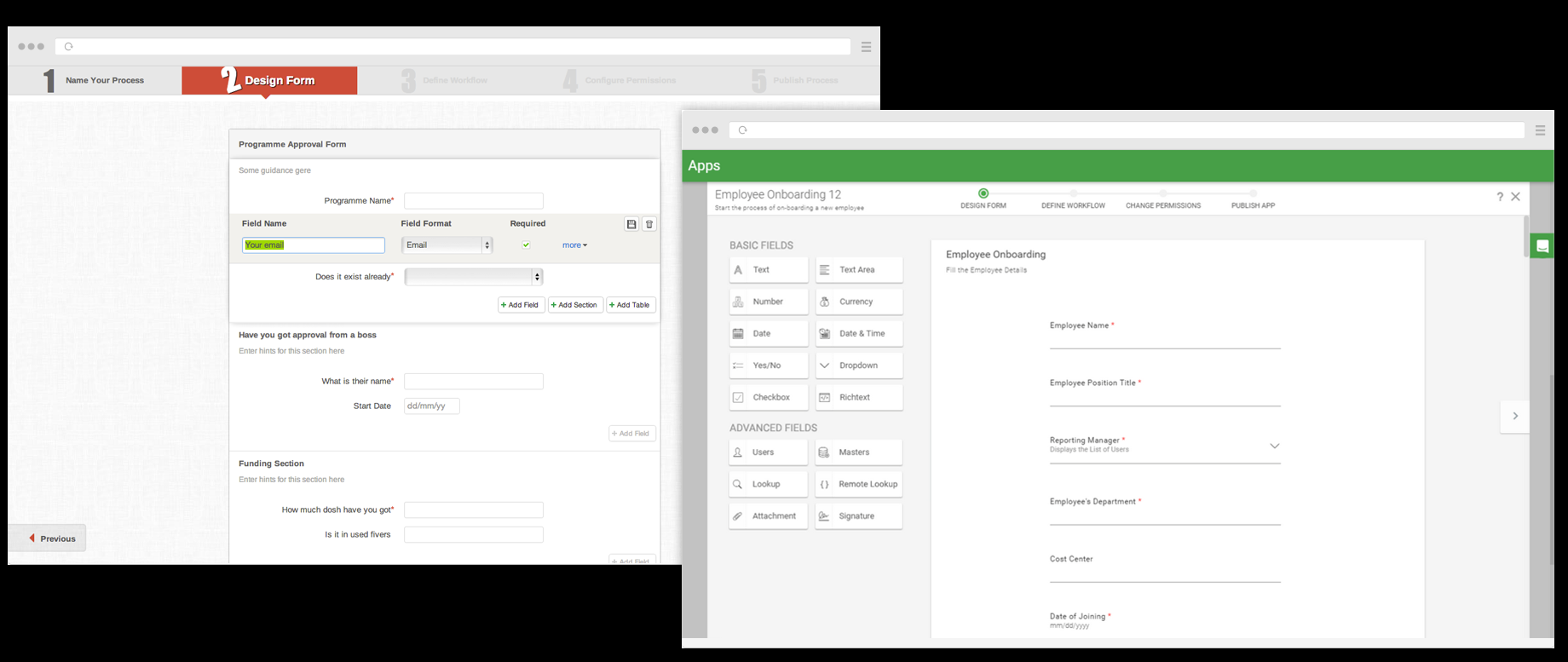 Overlapping browser windows showing legacy Kissflow form builder behind and Kissflow 2.0 Material Design interface in front