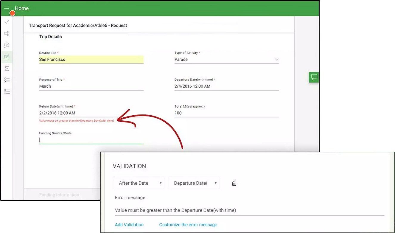 Validation rule editor alongside live form error message matching custom copy