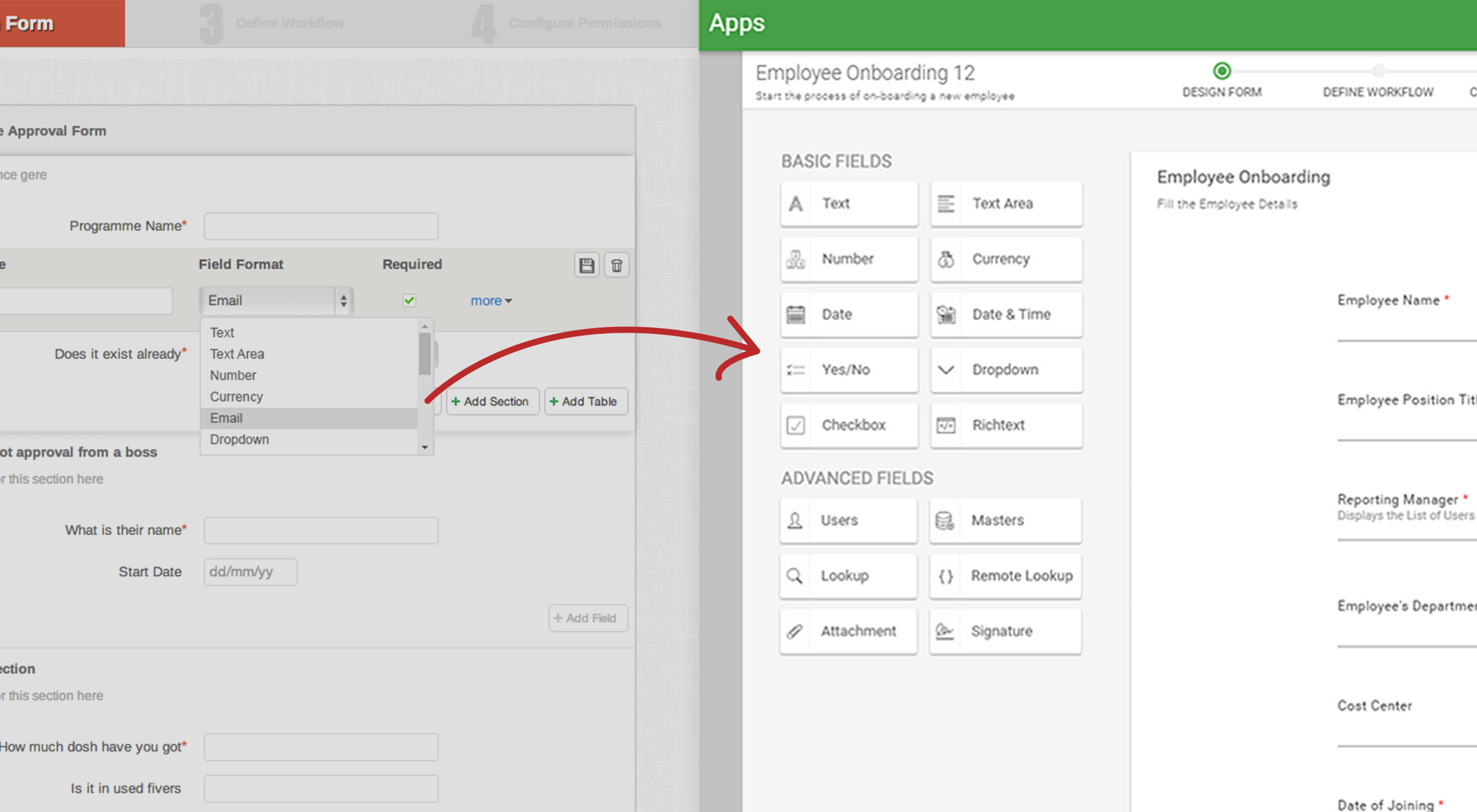 Kissflow 2.0 sidebar with Basic and Advanced field types shown as individual cards with icons