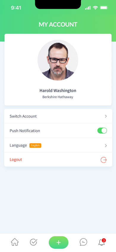 My Account screen with profile card, switch account, notifications toggle, language, and logout