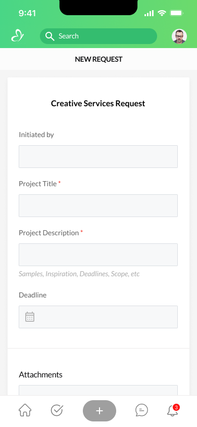 Creative Services Request form with fields for project title, description, deadline, and attachments