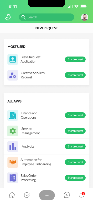 New request screen listing most-used and all apps with Start request buttons