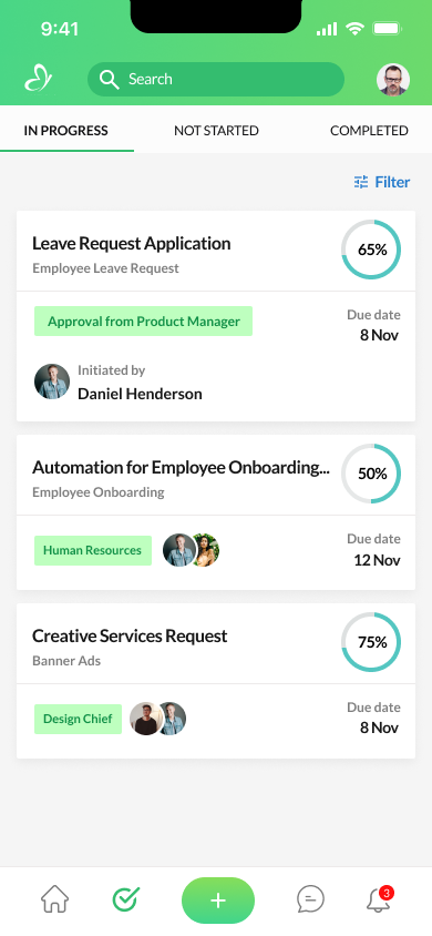 Mobile task list with in-progress items, progress rings, status tags, and bottom navigation